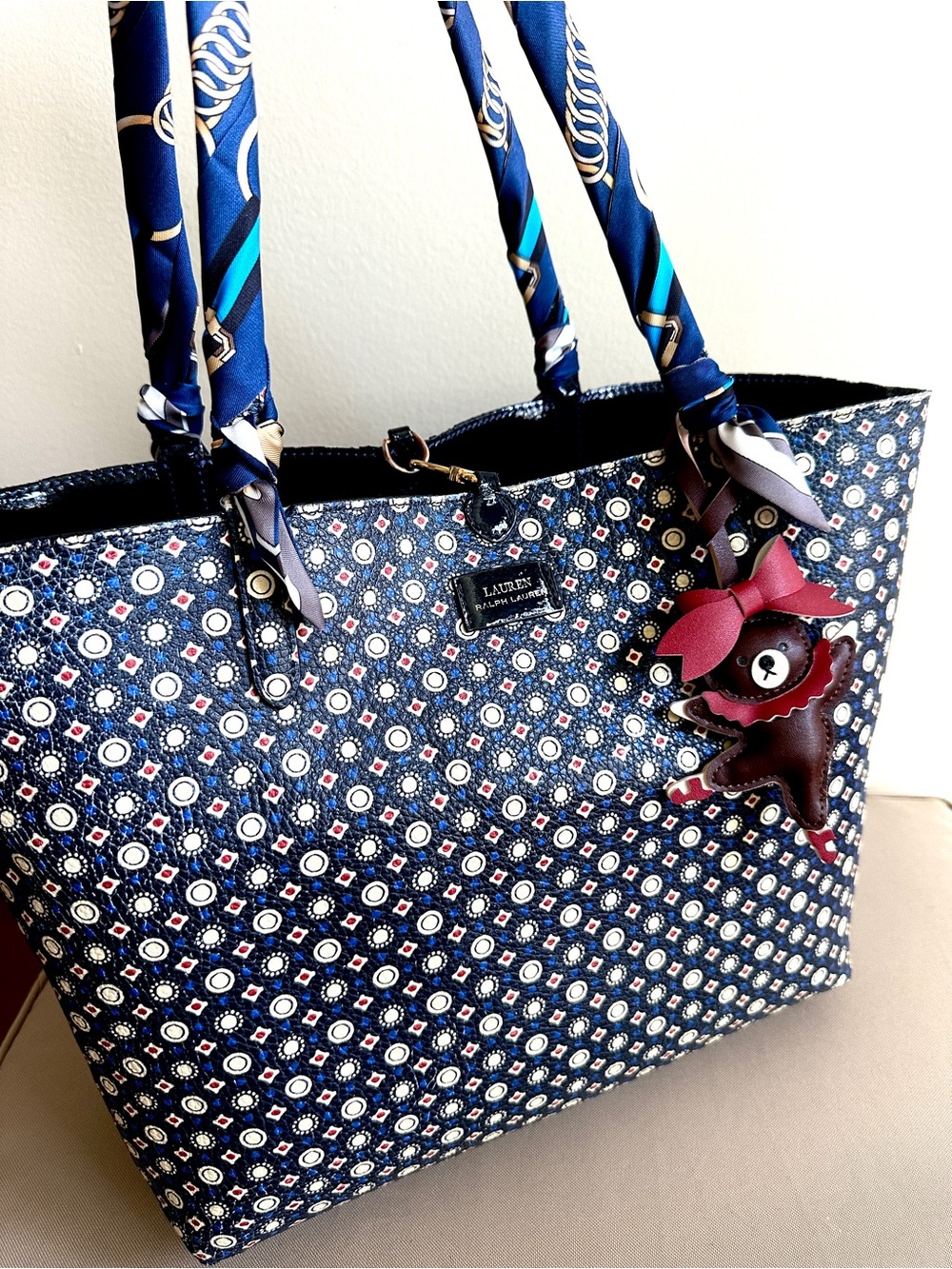 RLL Double sided Navy Patterned Tote with Bear Charm